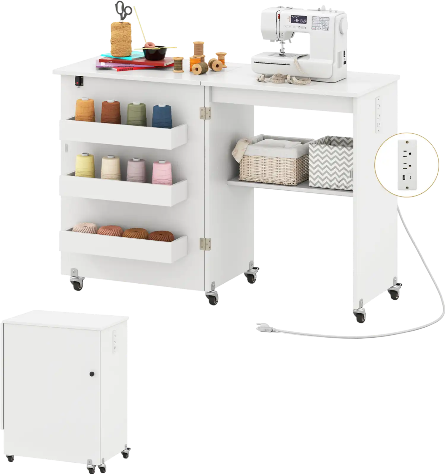 Costway Folding Sewing Machine Table w/ Charging Station Lockable Casters 748532691 New