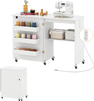 Costway Folding Sewing Machine Table w/ Charging Station Lockable Casters 748532691 New