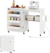 Sewing machine table in white with charging station, 3-tier shelf, and lockable casters for versatile home use.