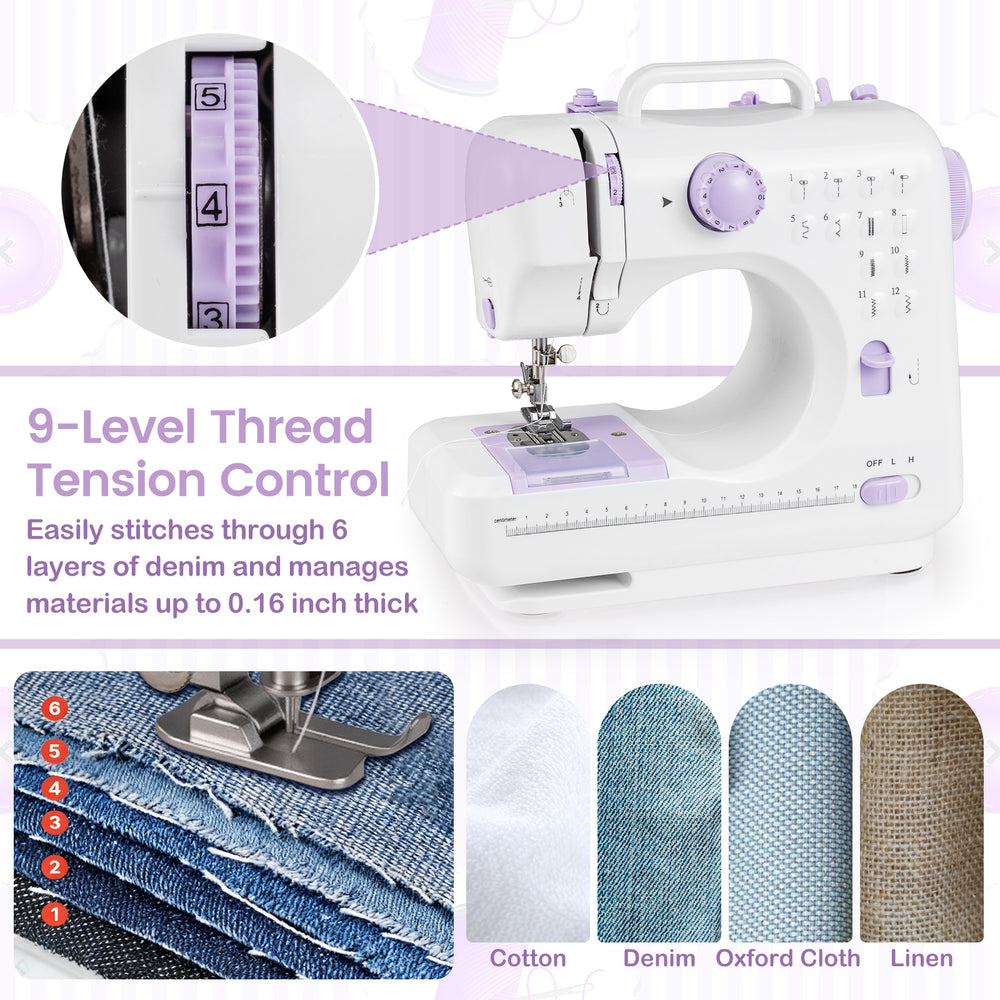 Mini sewing machine with 12 built-in stitches and 9-level thread tension control, ideal for beginners and DIY projects.