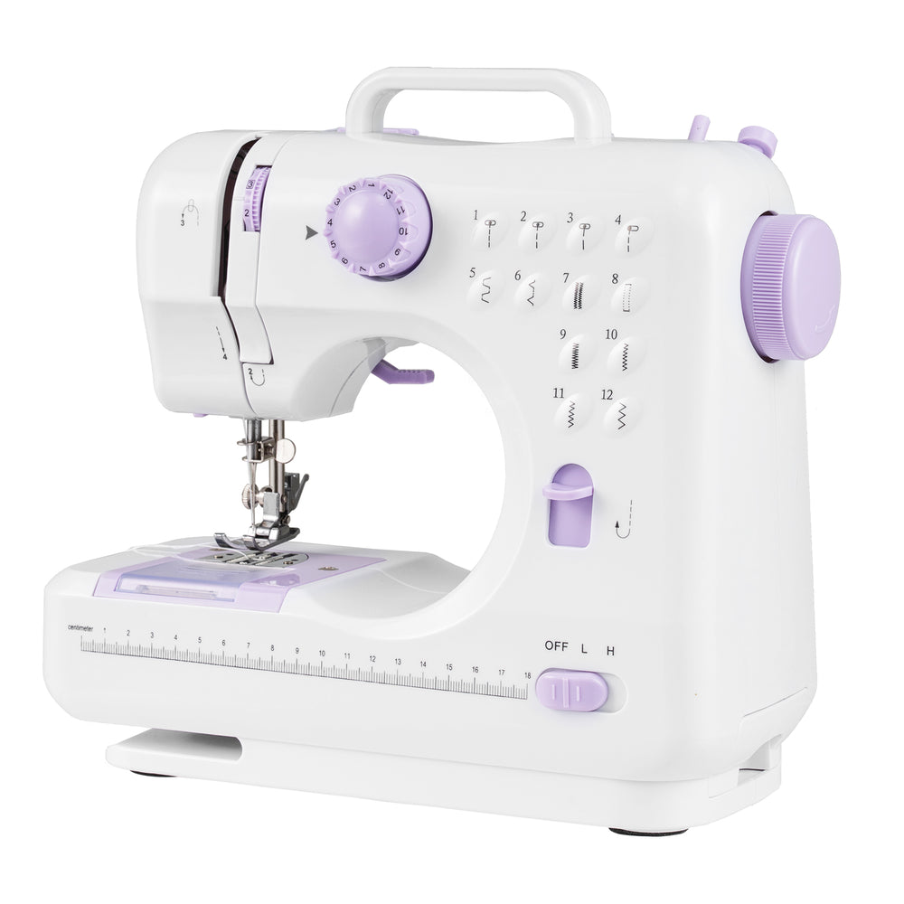 Side view of the mini sewing machine showcasing its easy-to-use controls and 12 built-in stitches for versatile sewing.