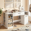 Sewing table in white with spacious tabletop, two drawers, open compartments, and power outlets for crafting and organization.