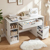 Sewing table with open shelves and two drawers, providing organized storage for crafting supplies and a convenient charging station.