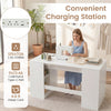 Sewing table with power outlets features spacious tabletop, two drawers, and convenient charging station for crafting.
