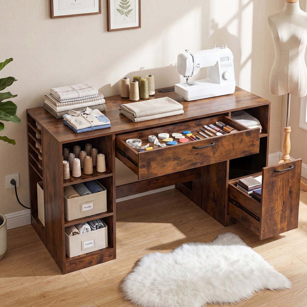 Sewing Table with Power Outlets Craft Station Desk with 2 Drawers Open Compartments-Rustic Brown - Gallery View 1 of 10