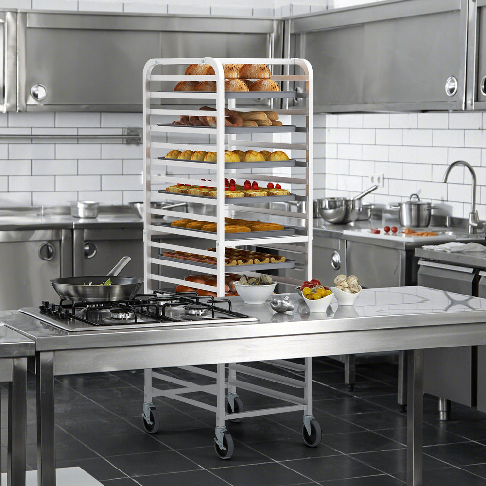20-tier aluminum pan rolling bakery rack with wheels, ideal for commercial kitchens and food transport.