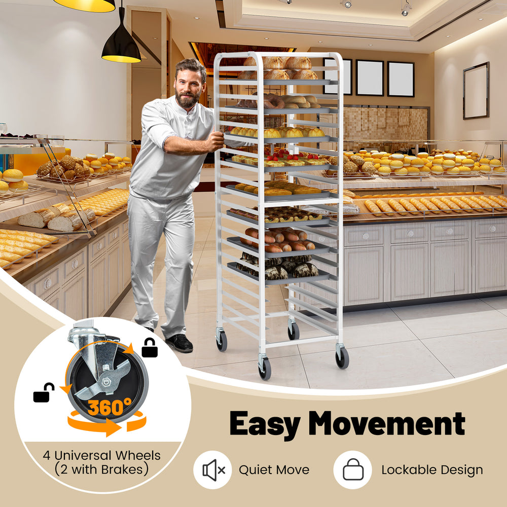 20-tier aluminum pan rolling bakery rack with four wheels, ideal for easy movement in kitchens and bakeries.