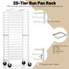20-tier aluminum pan rack with 3-inch gaps, ideal for bakeries and kitchens, featuring four wheels for easy mobility.