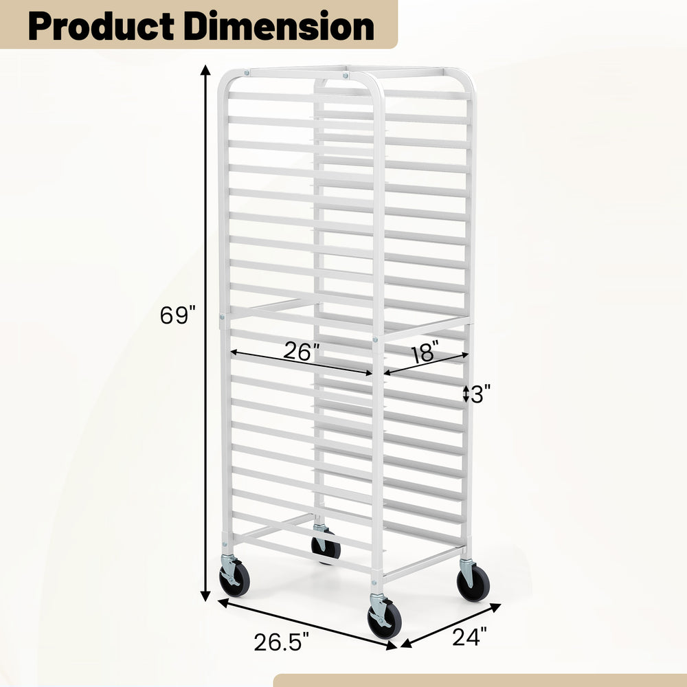20-tier aluminum pan rolling bakery rack with wheels, 26 x 18 x 69 inches, ideal for kitchens and bakeries.