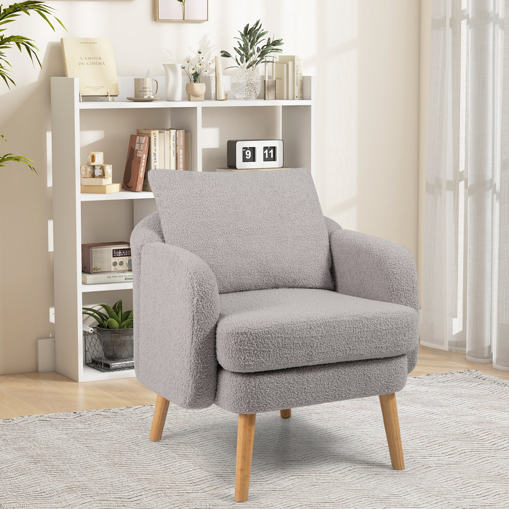 Grey Sherpa accent chair with thick seat cushion and rubber wood legs, ideal for modern living room comfort.