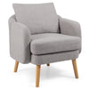 Sherpa accent chair in grey with a thick cushion, curved backrest, and rubber wood legs for modern living room comfort.