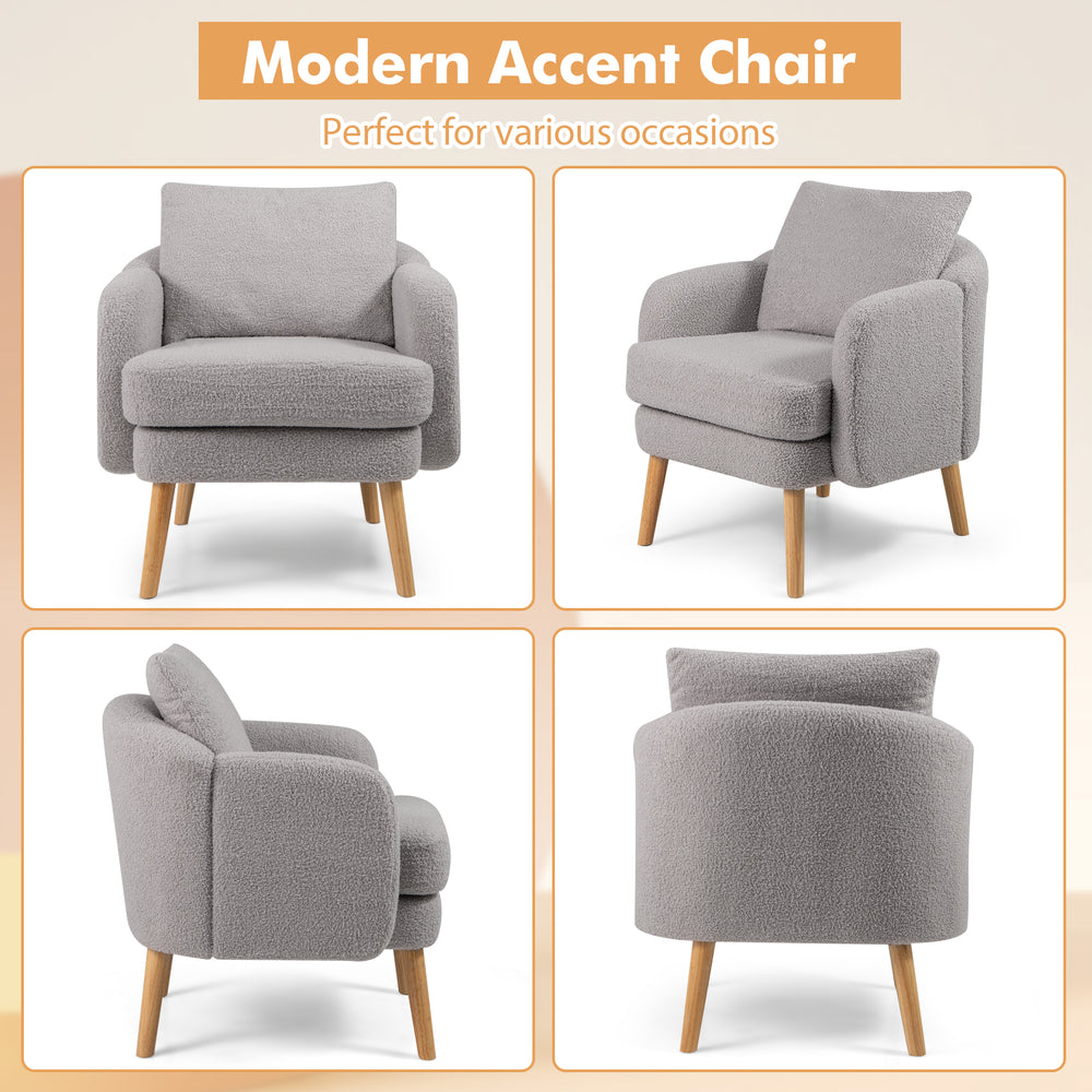 Modern grey sherpa accent chair with curved backrest and solid wood legs, perfect for comfortable living room seating.