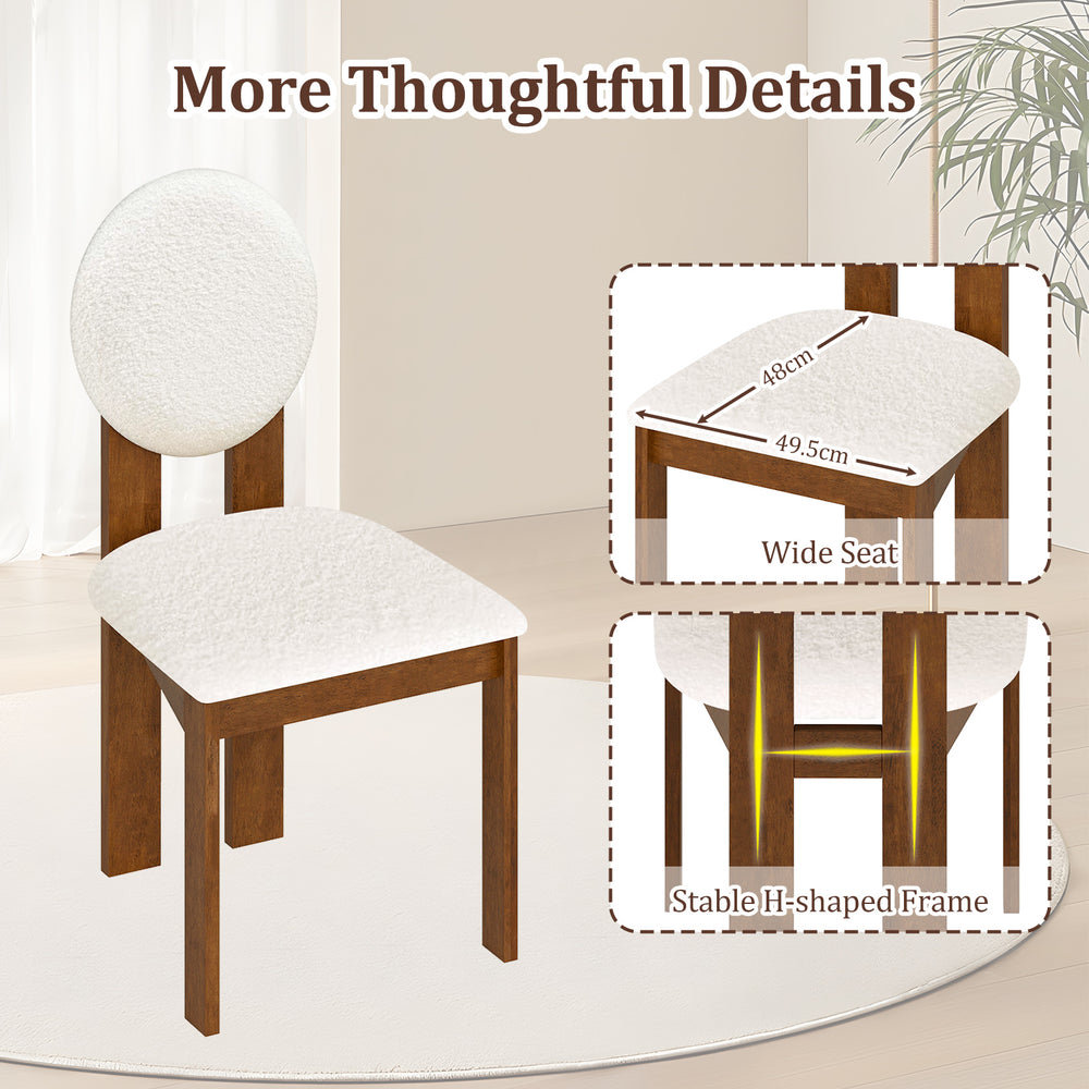 White sherpa dining chair with rubber wood legs, featuring a round backrest and wide seat for comfort and stability.