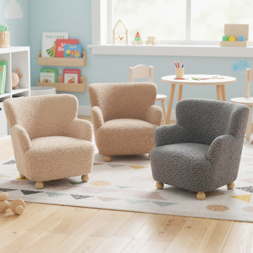 Comfy toddler armchair in silver Sherpa upholstery with solid rubber wood legs, perfect for kids' rooms and playrooms.