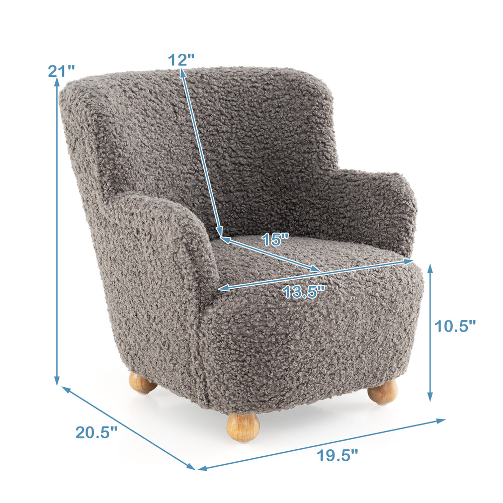 Fluffy Sherpa kids armchair with solid rubber wood legs, ergonomic design for toddler comfort in playroom or nursery.
