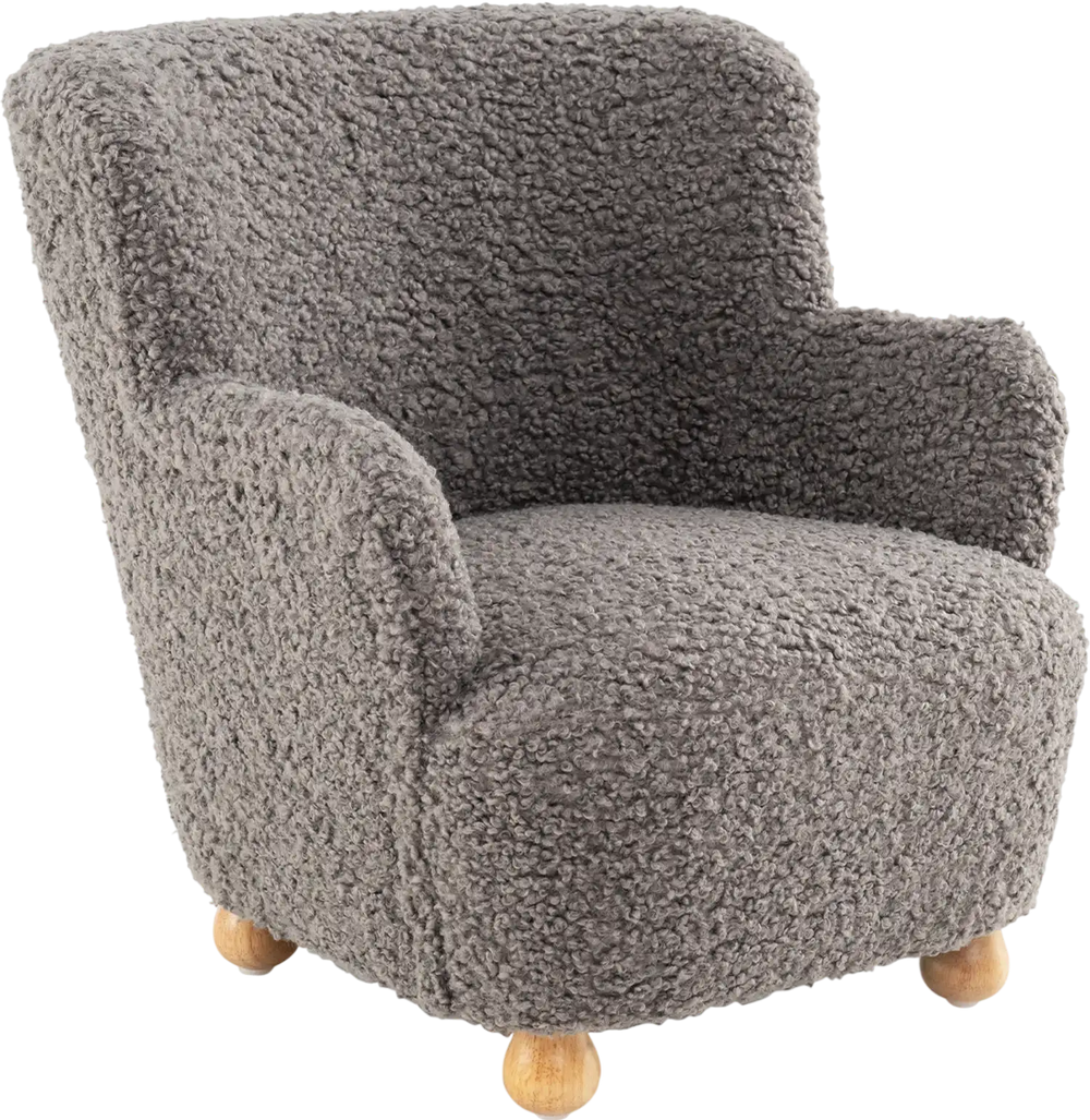 Fluffy silver Sherpa toddler armchair with solid rubber wood legs, ideal for playrooms and nurseries.