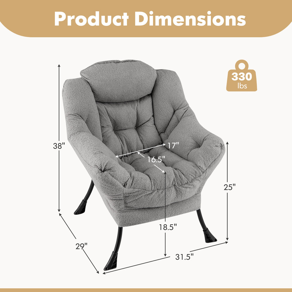 Sherpa upholstered accent chair dimensions in gray, featuring ergonomic design and soft padded head pillow for comfort.