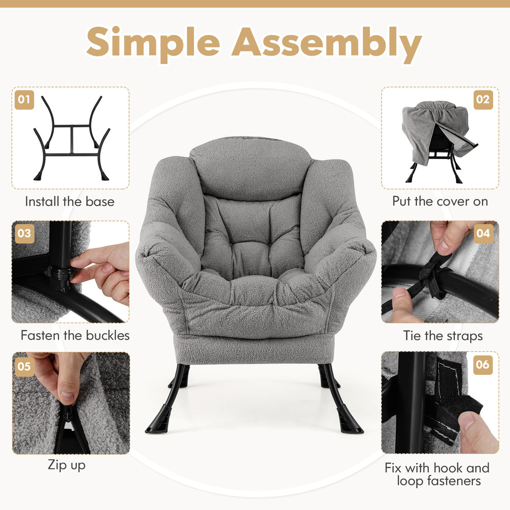 Sherpa upholstered accent chair in gray with cozy head pillow, featuring ergonomic design and easy 6-step assembly.