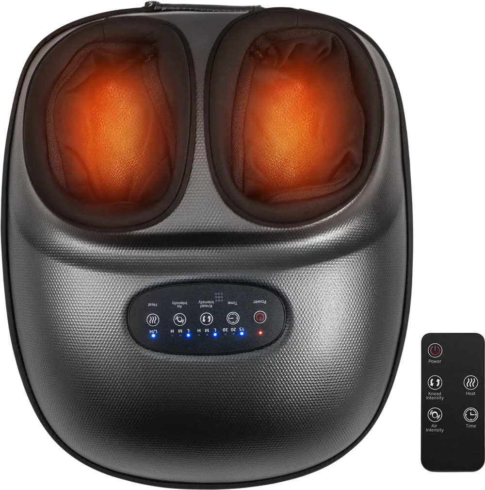 Shiatsu foot massager in black with heat and air compression, featuring an LCD panel and remote control for.