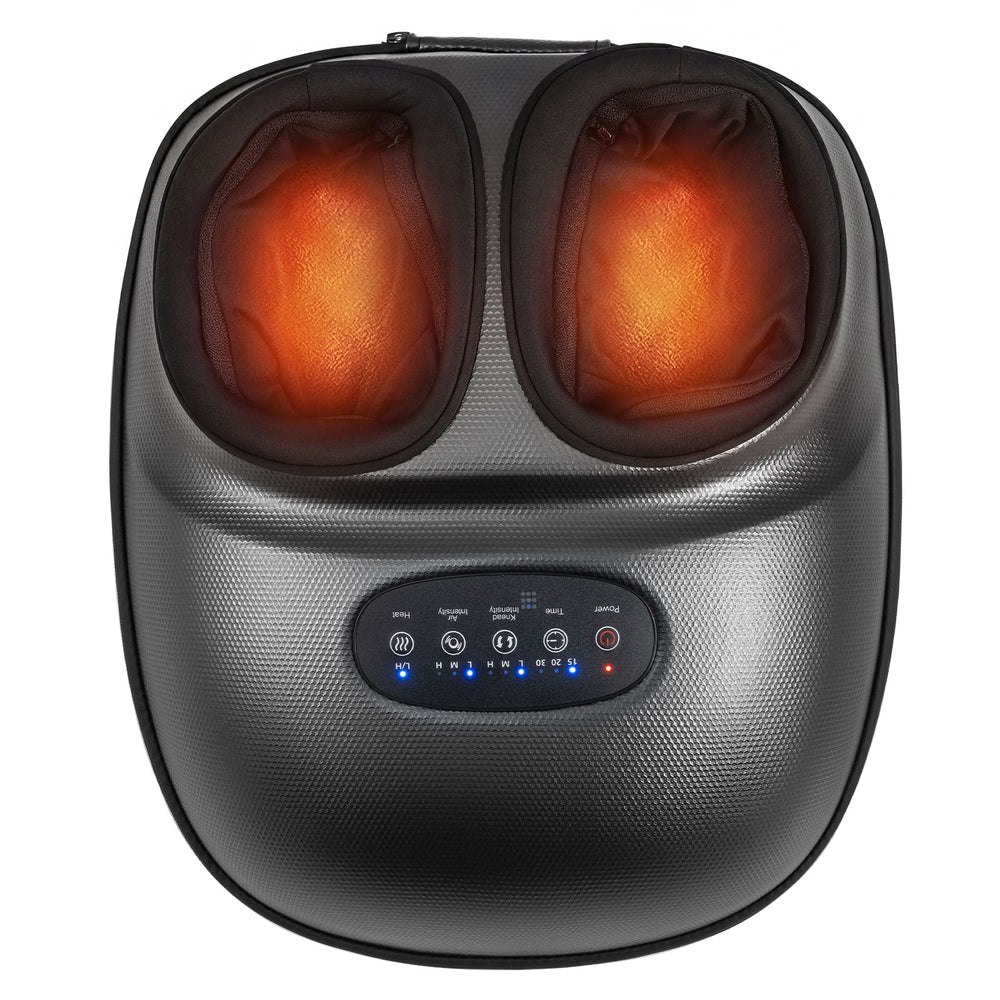 Shiatsu foot massager with heat and air compression, featuring an LCD panel and compact design for easy storage.