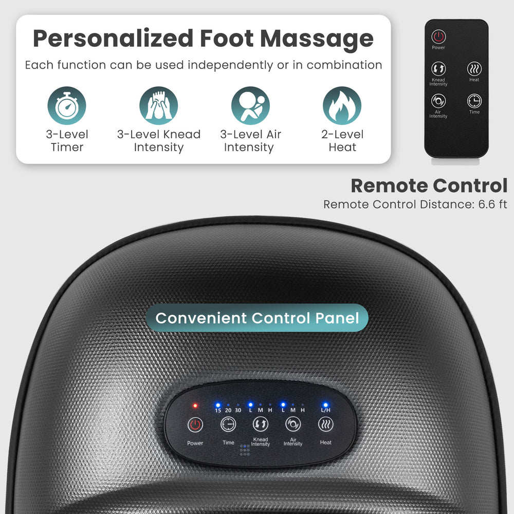 Shiatsu foot massager with remote control, featuring 2-level heat and air compression for personalized comfort.