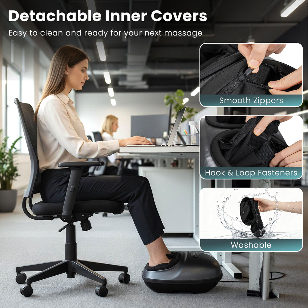 Shiatsu foot massager with detachable covers, featuring heat and air compression for customized comfort and relaxation.