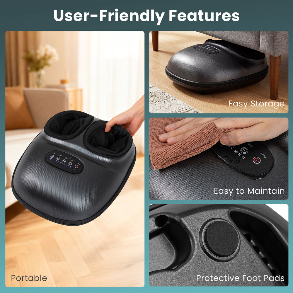 Shiatsu foot massager with air compression and heat features, designed for portable comfort and easy maintenance.
