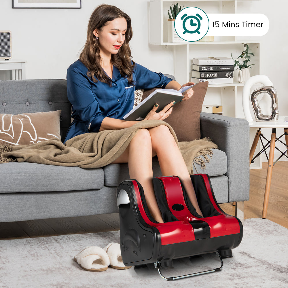 Shiatsu foot massager in red with kneading, vibration, and heating modes for targeted muscle relaxation at home.