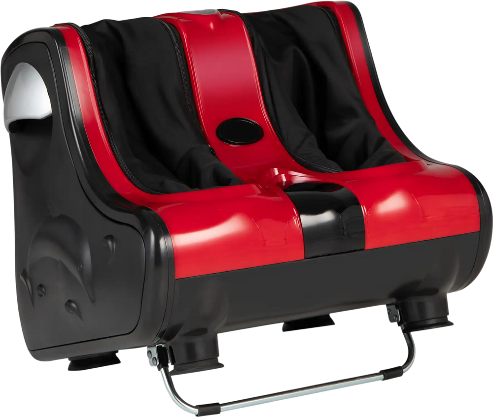 Red Shiatsu foot massager with kneading, vibration, and heating modes for deep muscle relaxation and pain relief.