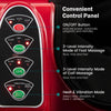 Control panel of the Shiatsu foot massager in red, featuring settings for kneading, vibration, and heating modes.