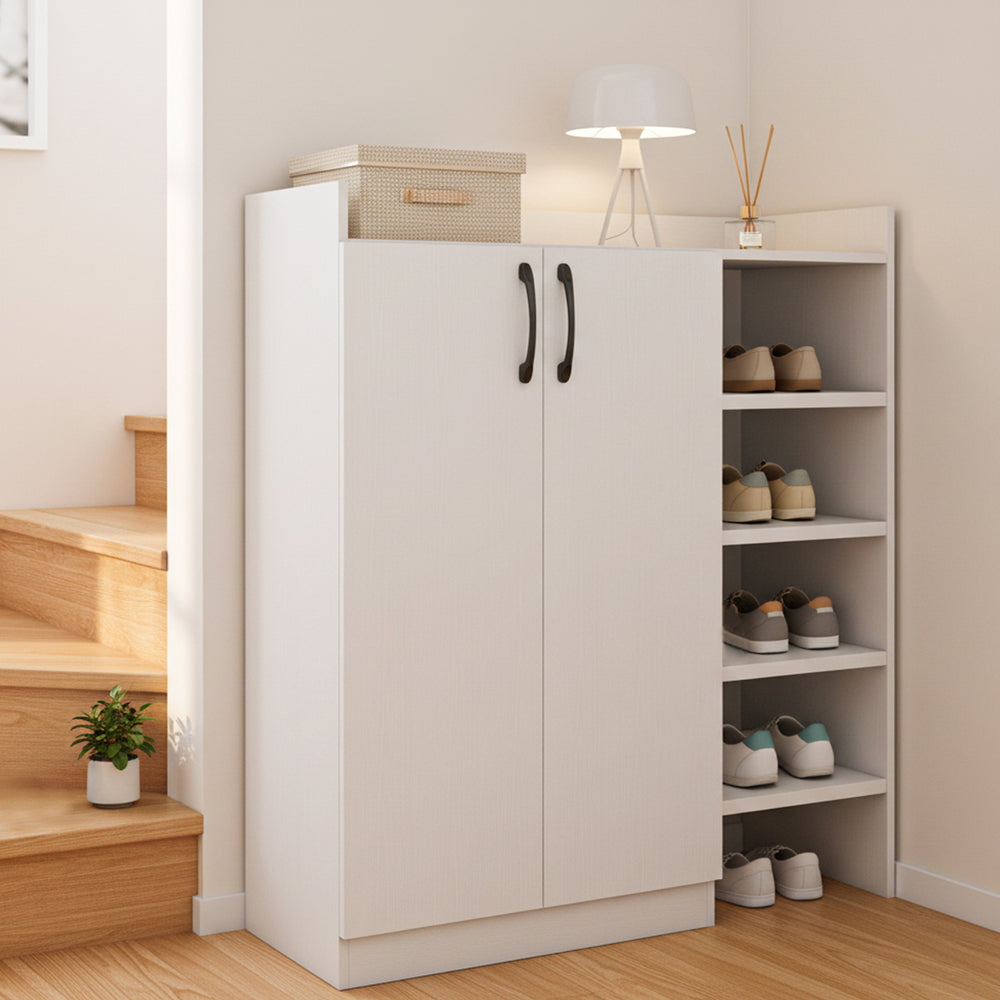 Shoe cabinet with two doors and open shelves in white, featuring adjustable inner shelves for versatile shoe storage.