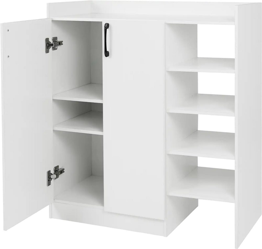 White shoe cabinet with dual doors, adjustable shelves, and a spacious countertop for organized shoe storage.