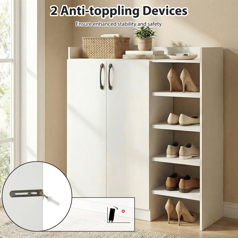 Shoe cabinet with dual doors and adjustable shelves in white, featuring anti-tipping devices for safety and stability.