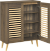 Shoe cabinet with louvered doors in walnut finish, featuring removable shelves for versatile shoe storage.