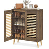 Shoe cabinet with louvered doors in walnut, featuring removable shelves for versatile shoe storage and solid rubber.