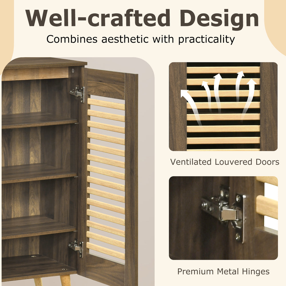 Shoe cabinet with louvered doors in walnut, featuring removable shelves and premium metal hinges for practical storage.
