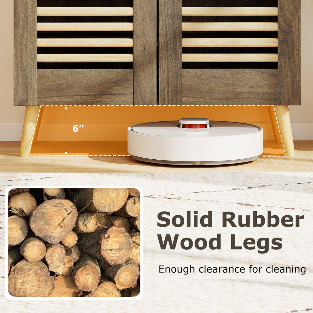 Shoe cabinet with louvered doors in walnut, featuring solid rubber wood legs for easy cleaning and three removable.