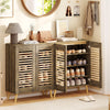 Shoe cabinet with louvered doors in walnut finish, showcasing its stylish design and premium metal hinges for smooth.