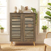 Shoe cabinet with louvered doors in walnut finish, featuring removable shelves for versatile shoe storage and stylish.