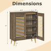 Shoe cabinet with louvered doors, walnut finish, featuring dimensions and removable shelves for versatile shoe storage.