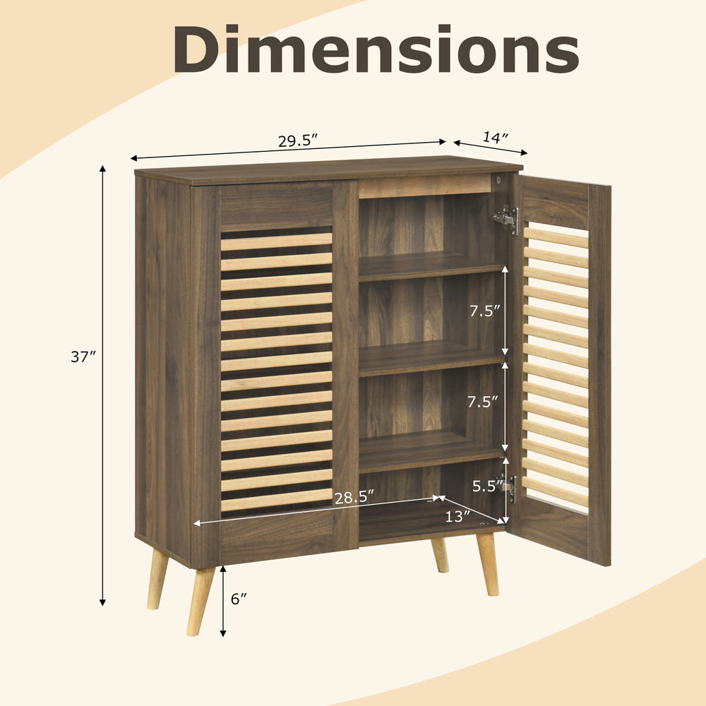 Shoe cabinet with louvered doors, walnut finish, featuring dimensions and removable shelves for versatile shoe storage.
