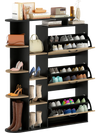 Shoe cabinet with open shelves and 3 flip drawers in black, featuring adjustable shelves for versatile storage.
