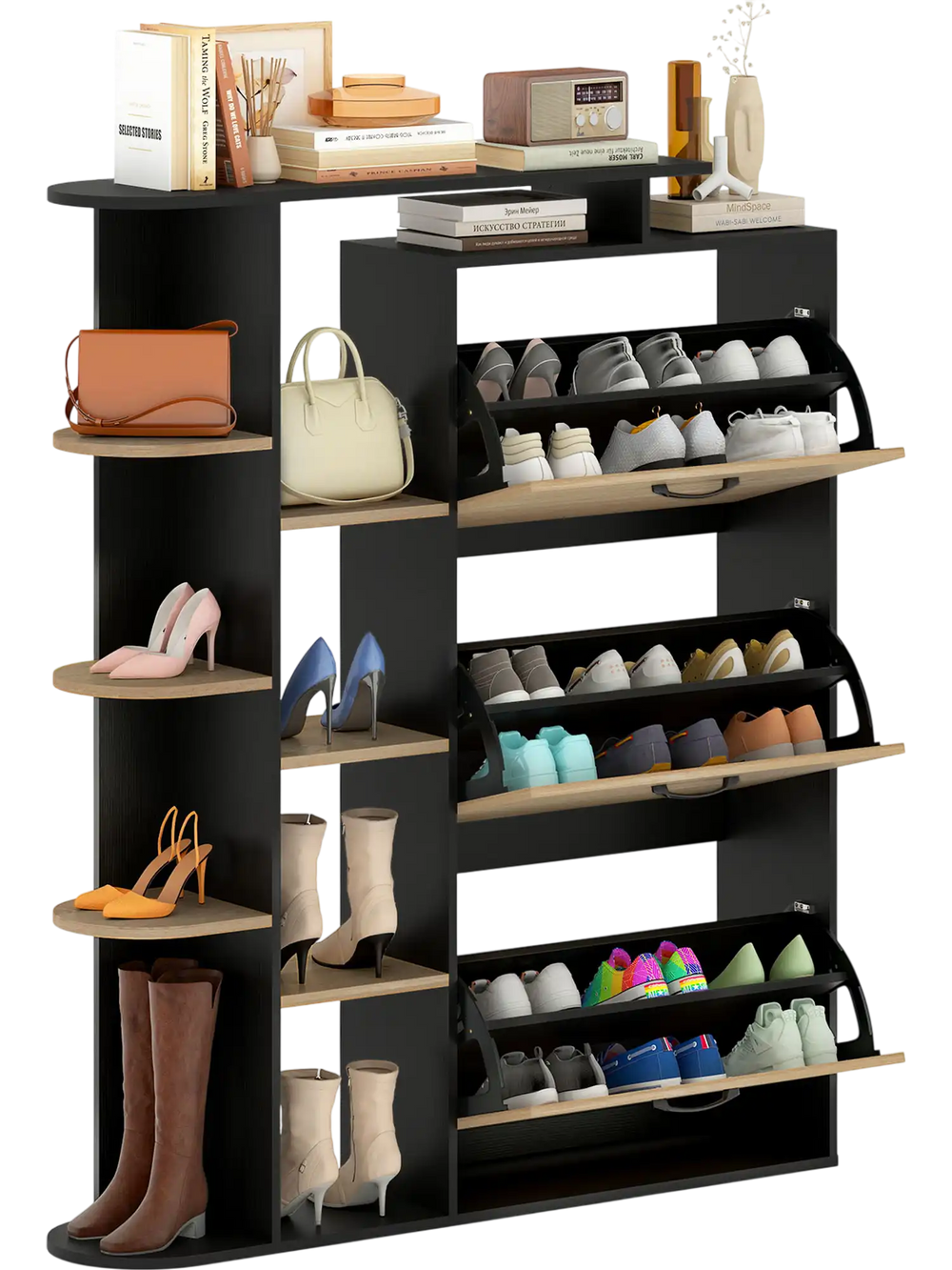 Shoe cabinet with open shelves and 3 flip drawers in black, featuring adjustable shelves for versatile storage.