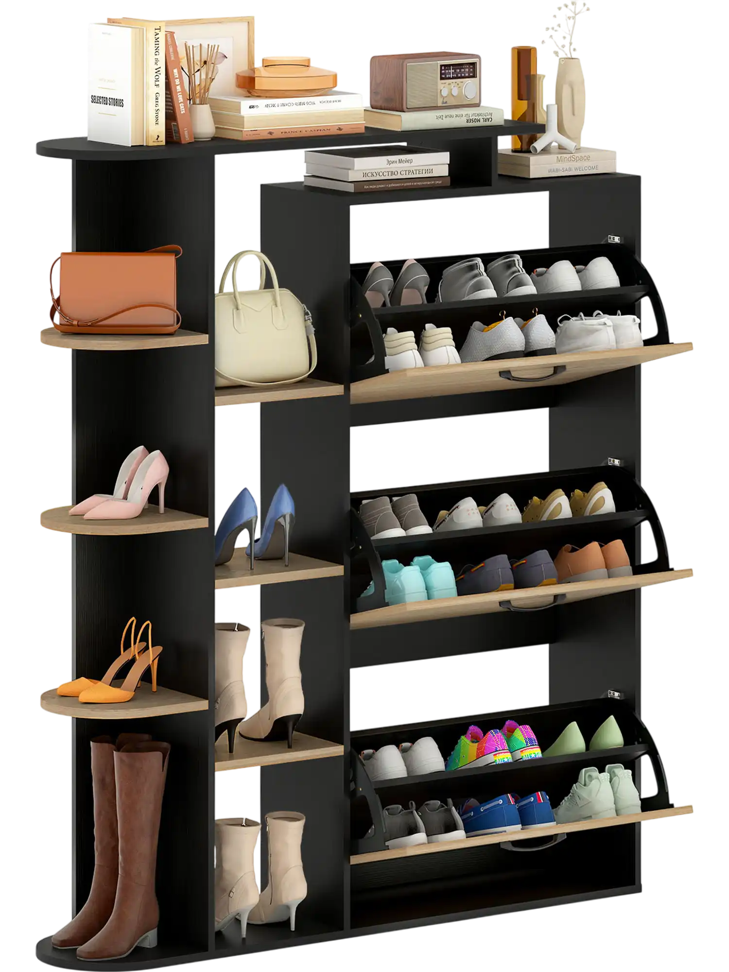 Costway Modern Shoe Cabinet Organizer 3 Flip Drawers Open Shelves 87563577 New