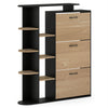 Modern shoe cabinet in black with open shelves and three flip drawers for efficient shoe organization and display.