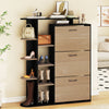 Shoe cabinet with open shelves and three flip drawers in black, designed for organized shoe and accessory storage.