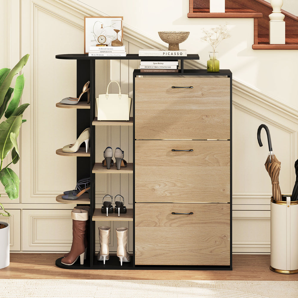 Shoe cabinet with open shelves and three flip drawers in black, perfect for organizing shoes and accessories.