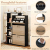 Shoe cabinet with open shelves and 3 flip drawers in black, featuring aluminum alloy handles and a back vent design.