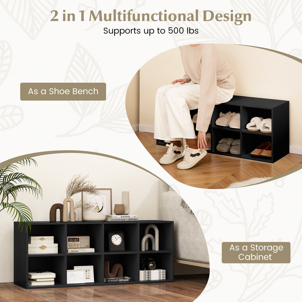 Black 8 cubbies shoe organizer with spacious top, supports 500 lbs, ideal for shoe storage or as a stylish cabinet.