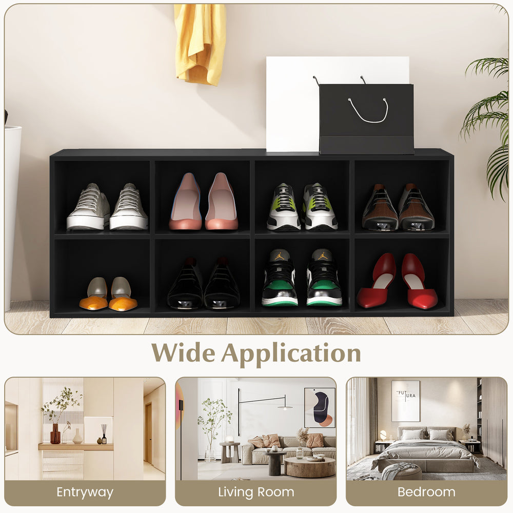 Black 8 cubbies shoe organizer with spacious top, ideal for entryways, living rooms, or bedrooms.